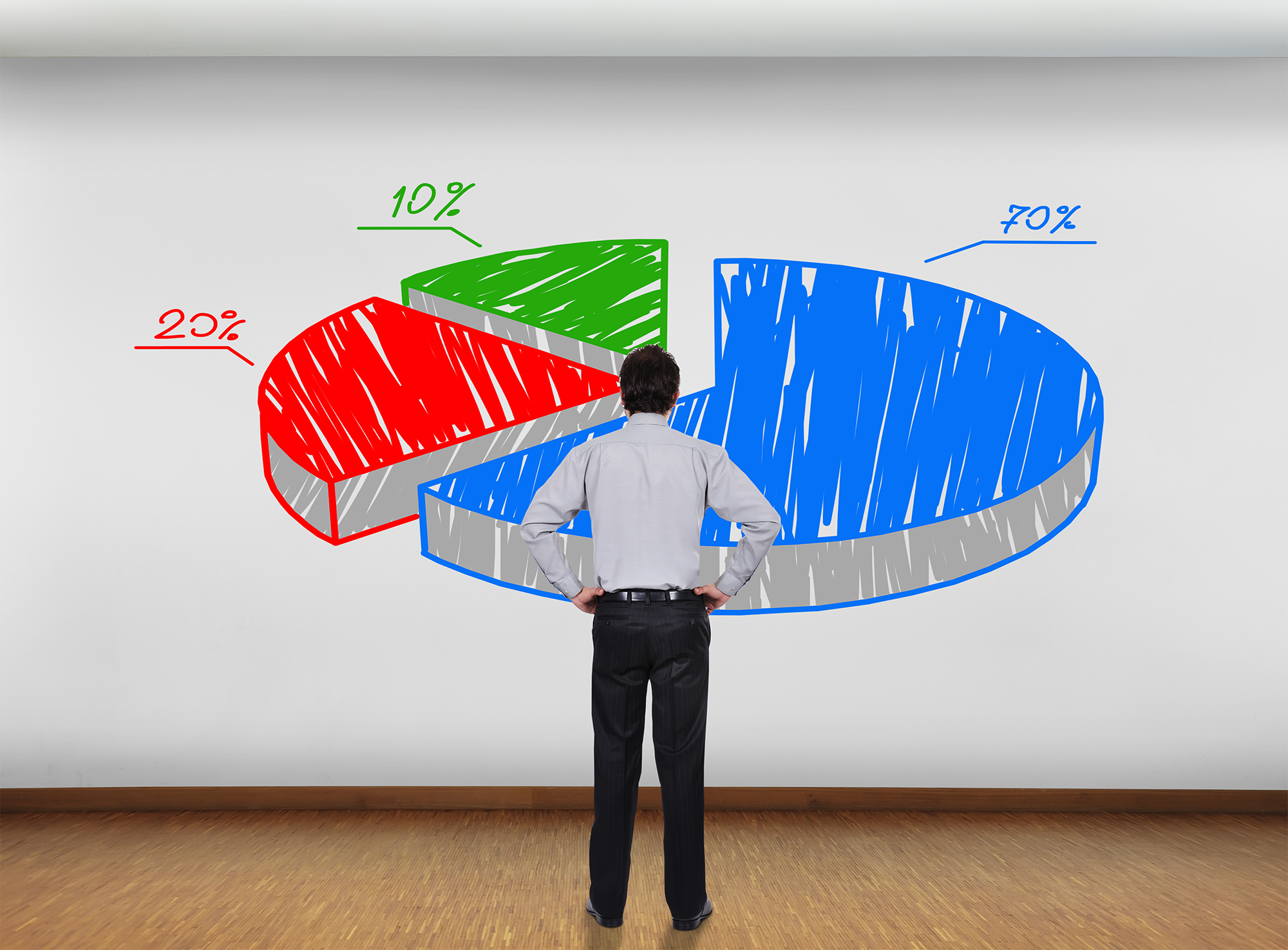 Homem olhando para uma Parede com gráfico pizza desenhado à mão