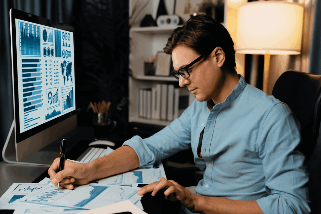 Pensando empresário inteligente cercado de papelada relatório parágrafo pecuniário