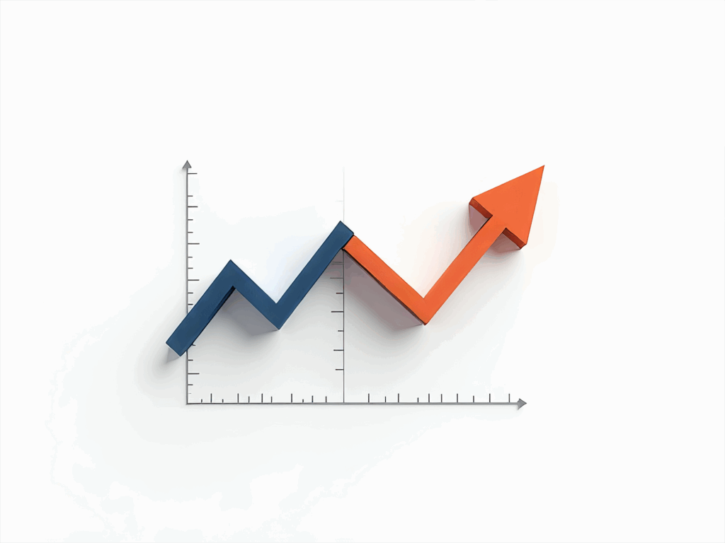 Um ícone altamente detalhado de um gráfico de linha dupla com tendências proeminentes contrastantes azuis e laranjas
