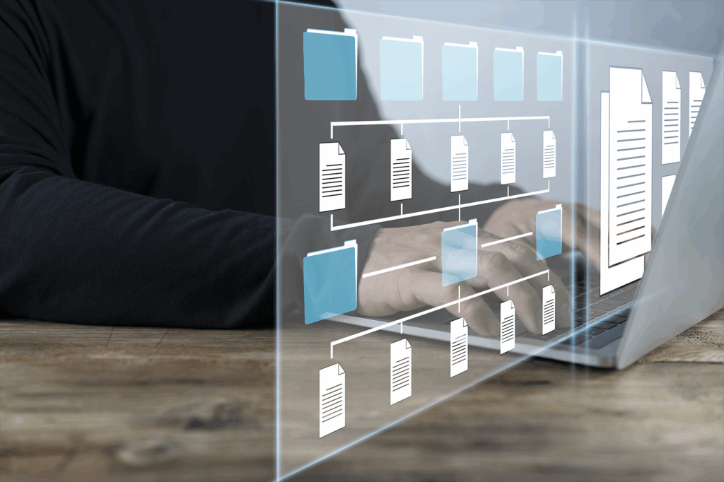 Consultor de TI trabalhando em laptop no escritório Software para arquivamento, pesquisa e gerenciamento de arquivos e informações corporativas