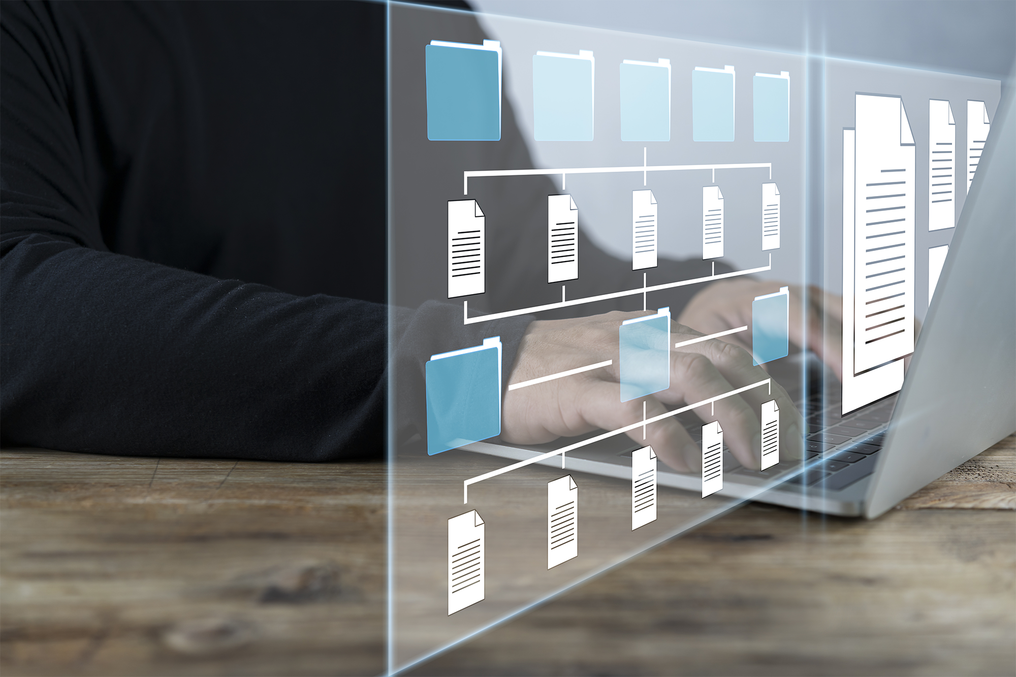 Consultor de TI trabalhando em laptop no escritório Software para arquivamento, pesquisa e gerenciamento de arquivos e informações corporativas