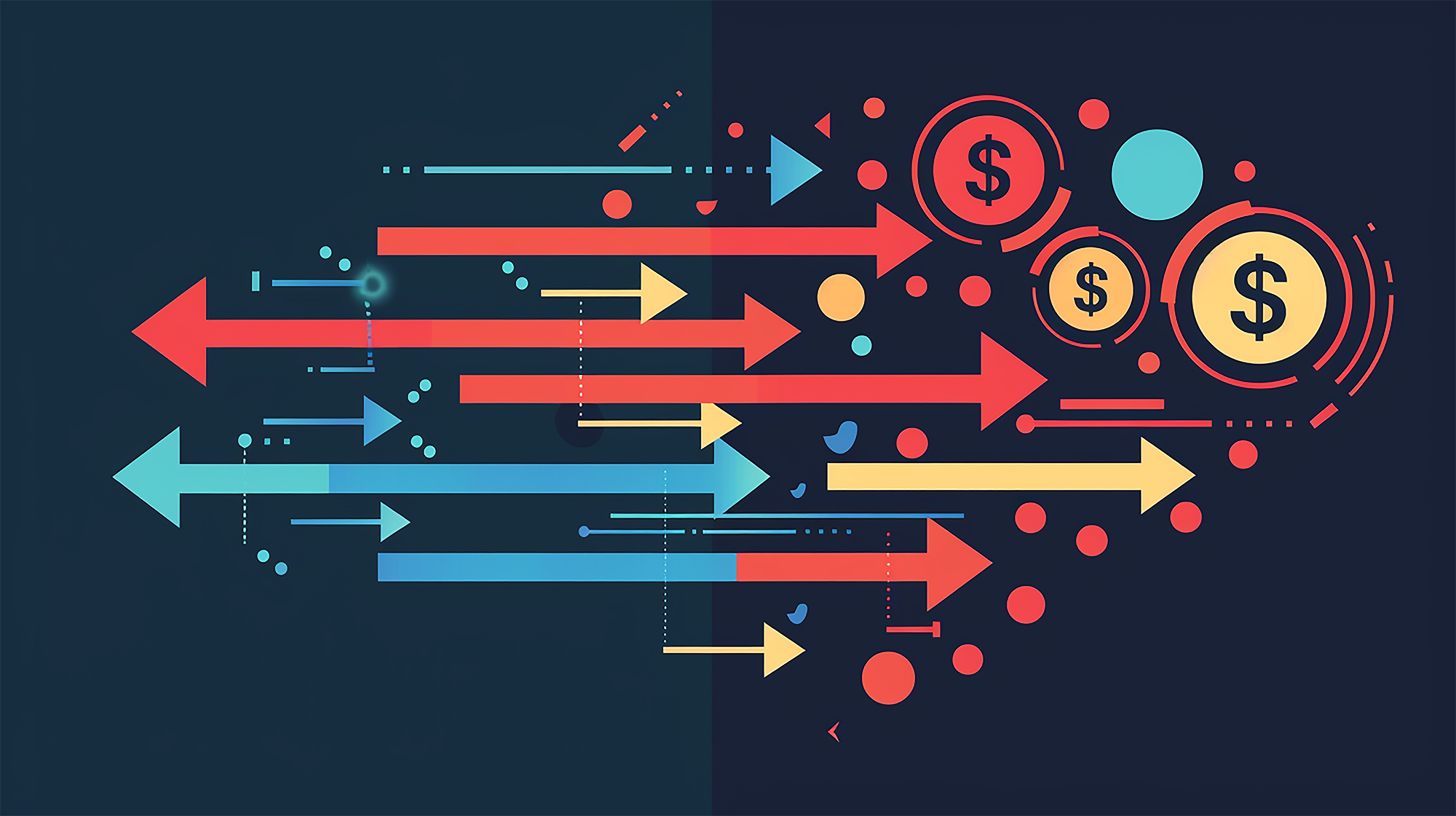 Setas coloridas sinais de dólar e linhas provavelmente representando crescimento financeiro e tendências