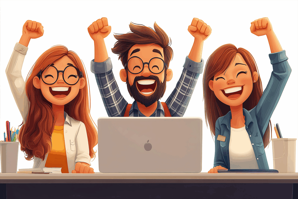 Um desenho animado de pessoas com as palavras feliz e feliz