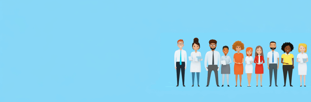 Diversos funcionários de escritório em treinamento de diversidade no lado direito com fundo azul panorâmico