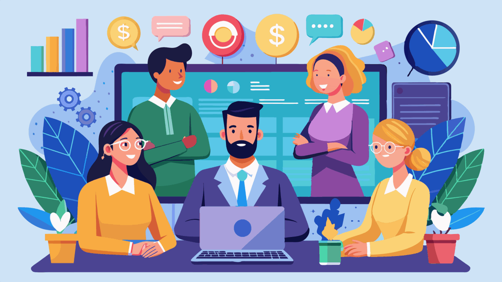 Um desenho animado de um homem e uma mulher com um laptop e um sinal de dólar atrás deles