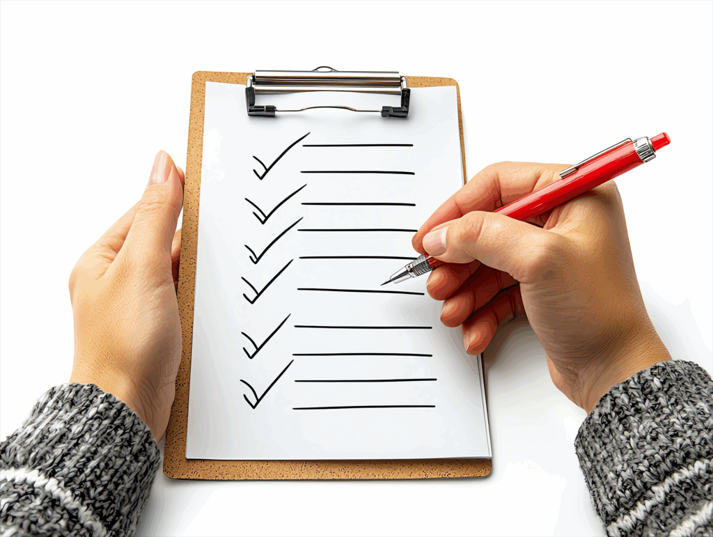 Uma mão segurando um clipboard com uma lista de verificação marcando tarefas concluídas com uma caneta vermelha Ideal para temas de produtividade