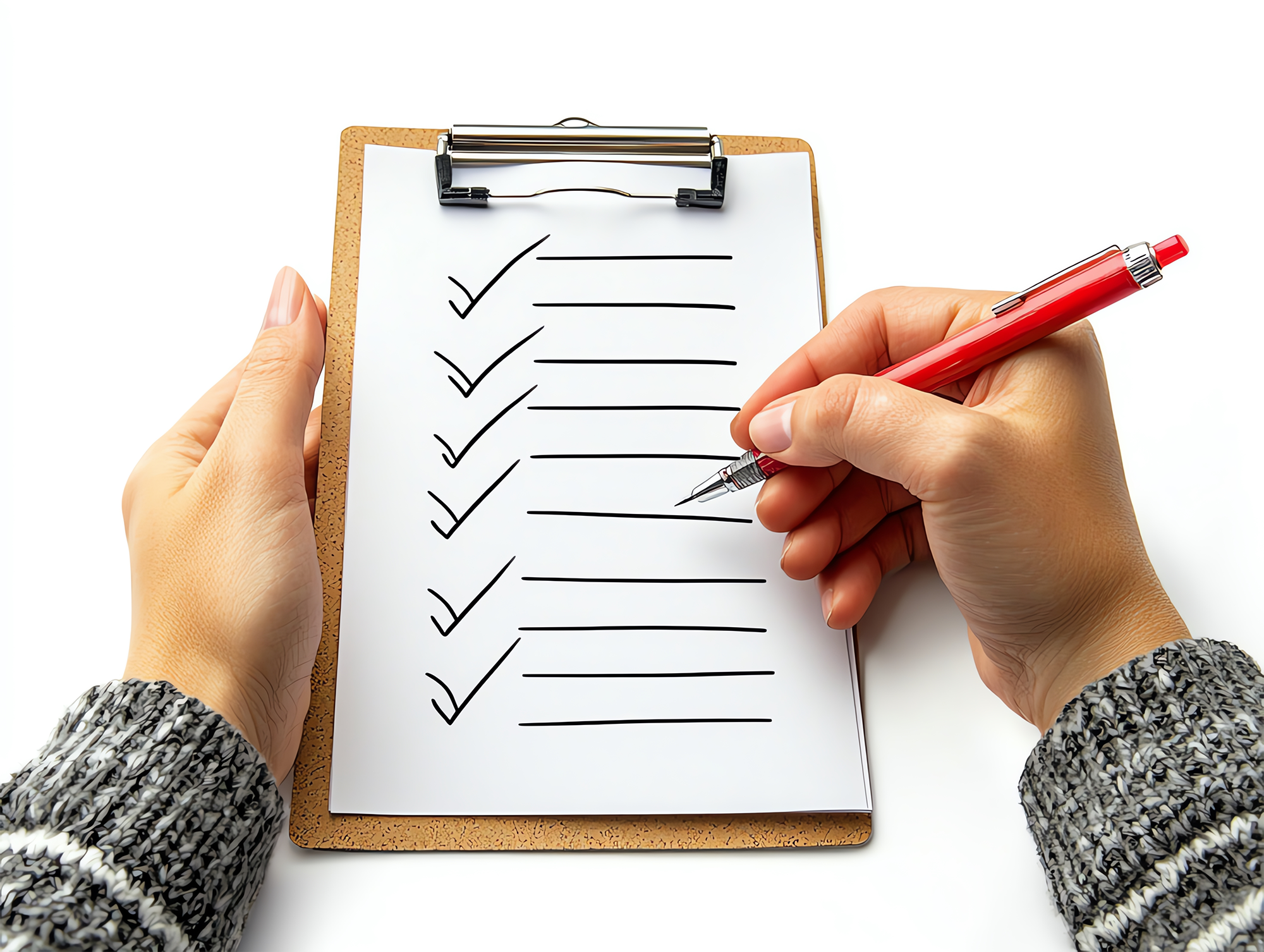 Uma mão segurando um clipboard com uma lista de verificação marcando tarefas concluídas com uma caneta vermelha Ideal para temas de produtividade