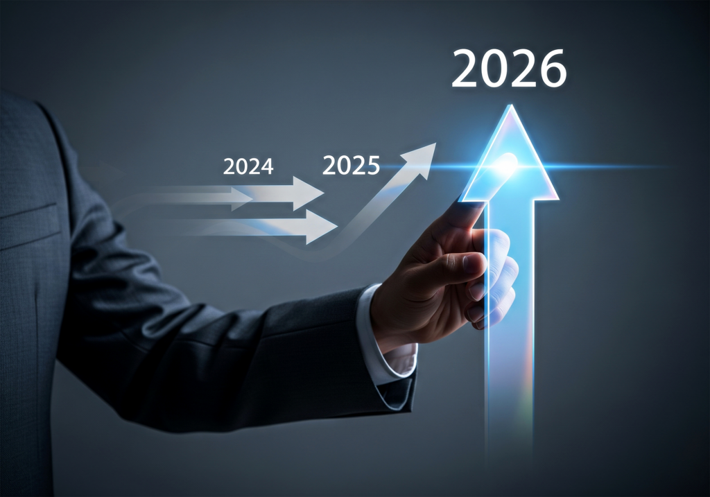 Foto de uma mão apontando para uma seta ascendente simbolizando crescimento