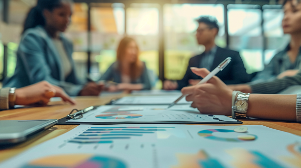 Equipa de negócios discutindo gráficos e gráficos durante a reunião