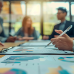 Equipa de negócios discutindo gráficos e gráficos durante a reunião