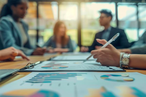 Equipa de negócios discutindo gráficos e gráficos durante a reunião