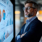 Homem de negócios confiante a analisar gráficos de dados no ecrã