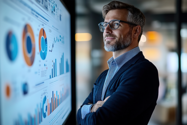 Homem de negócios confiante a analisar gráficos de dados no ecrã