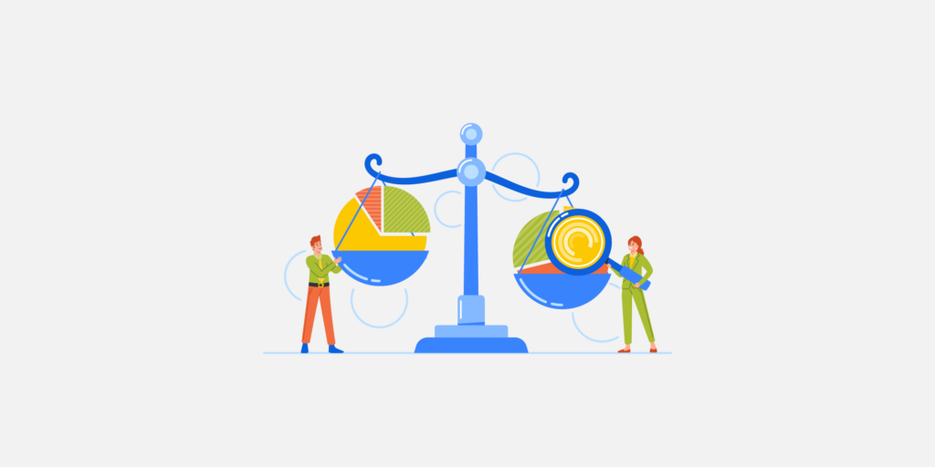 Benchmarking de investimentos e análises de mercado comercial Pequenos personagens de negócios com uma lupa enorme analisando gráficos