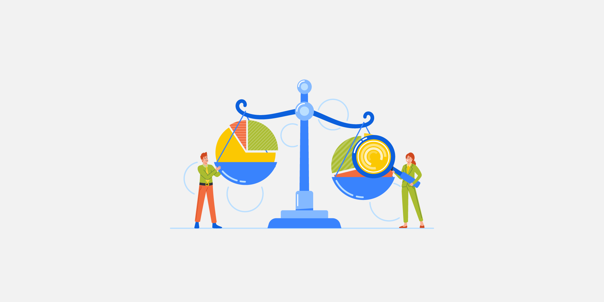 Benchmarking de investimentos e análises de mercado comercial Pequenos personagens de negócios com uma lupa enorme analisando gráficos