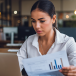 Mulher de negócios a analisar relatórios financeiros