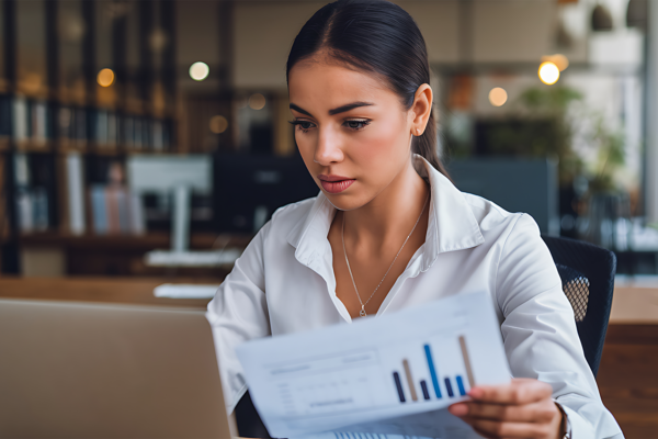 Mulher de negócios a analisar relatórios financeiros