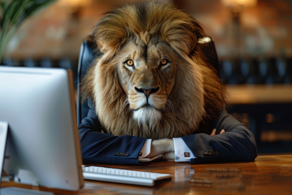 Uma imagem surrealista de um empresário de cabeça de leão em um ambiente de escritório simbolizando poder e liderança com um toque de humor