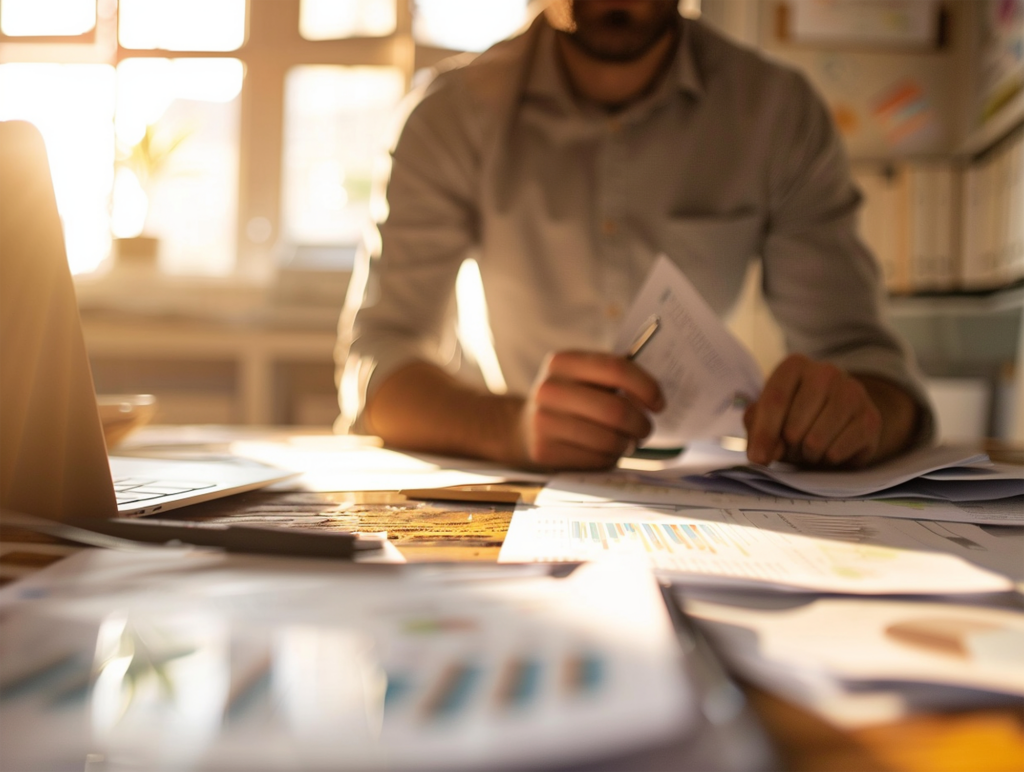 Análise de métricas financeiras Empresário revisa documentos com foco