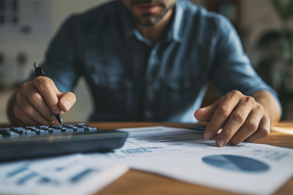 Close-up de uma mão de um empresário39 usando uma calculadora e revisando gráficos financeiros