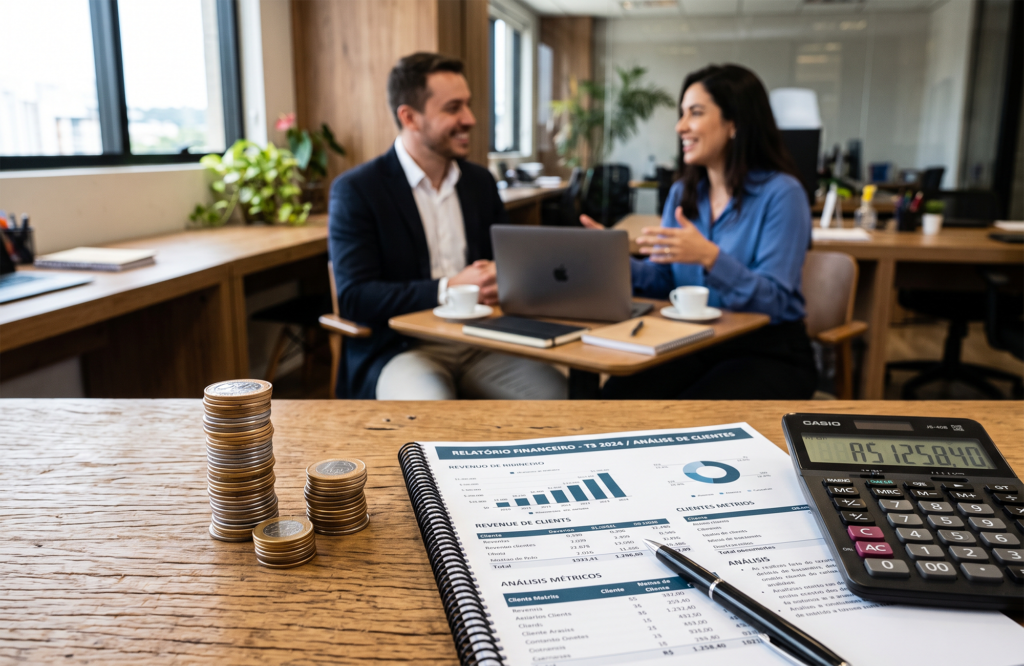 Uma mesa de trabalho com duas pilhas de moedas de alturas diferentes, acompanhadas de um relatório financeiro e uma calculadora. Ao fundo, duas pessoas em reunião, desfocadas, trazendo o lado humano do relacionamento com o cliente.