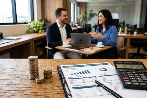 Uma mesa de trabalho com duas pilhas de moedas de alturas diferentes, acompanhadas de um relatório financeiro e uma calculadora. Ao fundo, duas pessoas em reunião, desfocadas, trazendo o lado humano do relacionamento com o cliente.