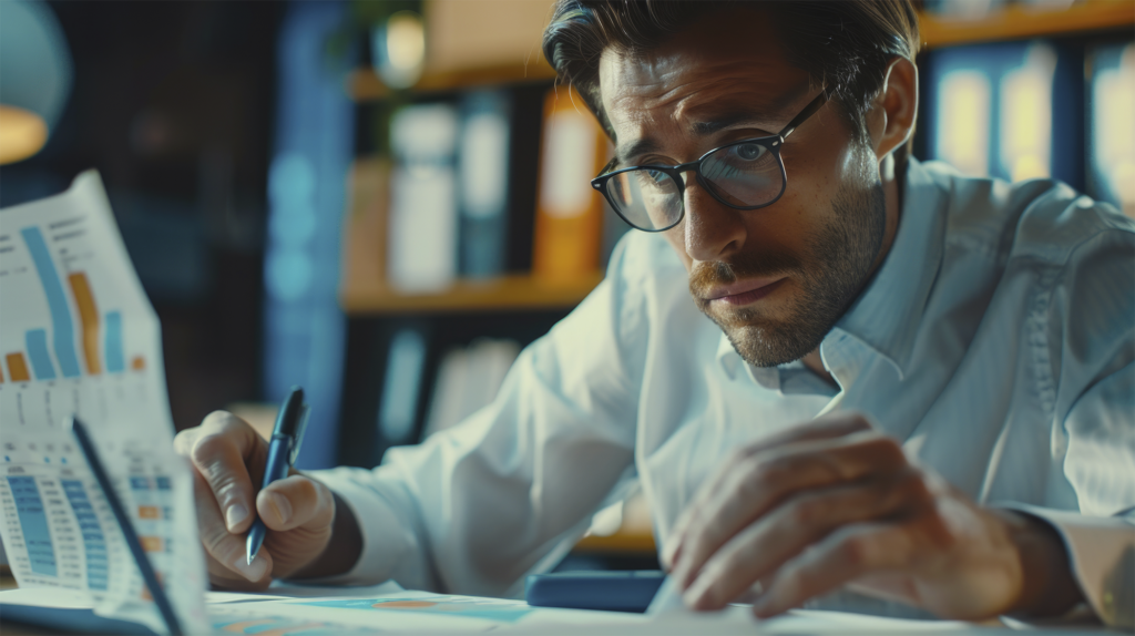 Um homem está sentado em uma mesa com uma caneta e um pedaço de papel