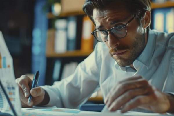Um homem está sentado em uma mesa com uma caneta e um pedaço de papel