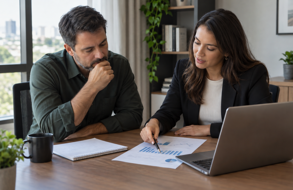 Empresário e contador analisando resultados: os dois à mesa, com notebook e relatório de gráficos simples.