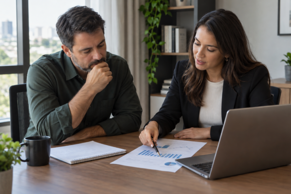 Empresário e contador analisando resultados: os dois à mesa, com notebook e relatório de gráficos simples.