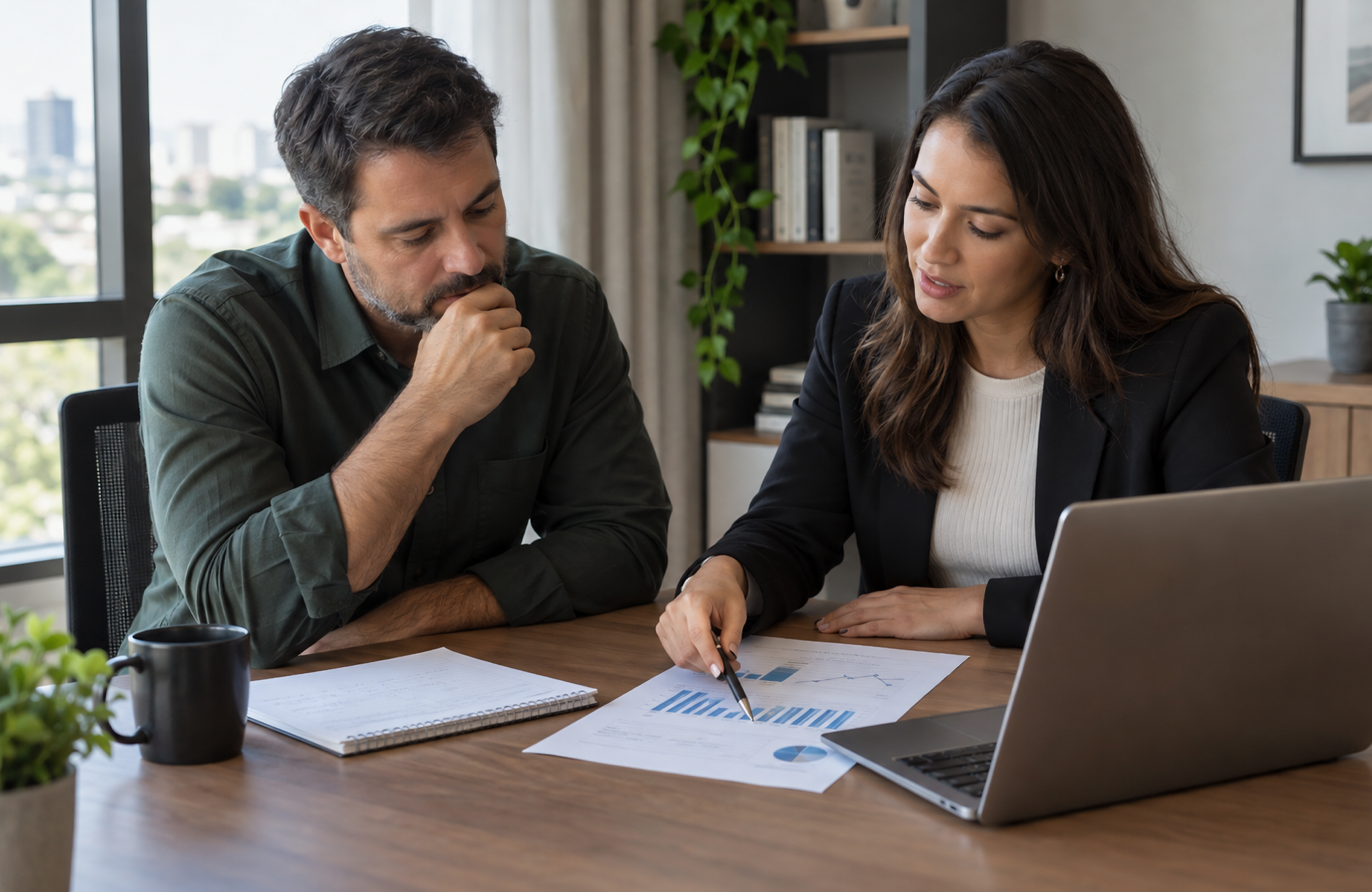 Empresário e contador analisando resultados: os dois à mesa, com notebook e relatório de gráficos simples.